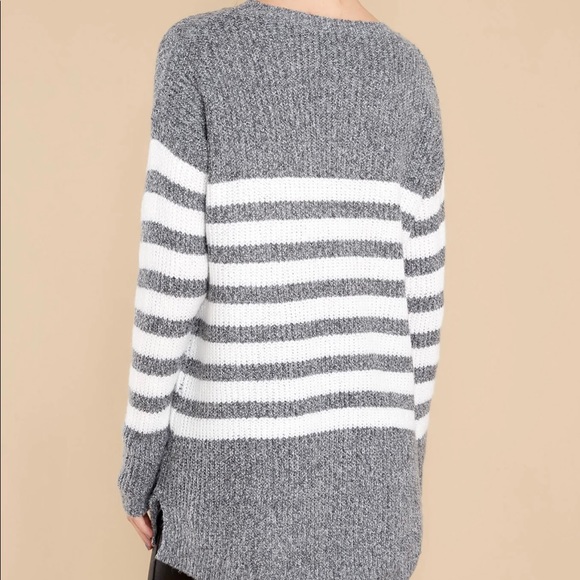 Staccato Sweaters - long gray & white striped sweater.